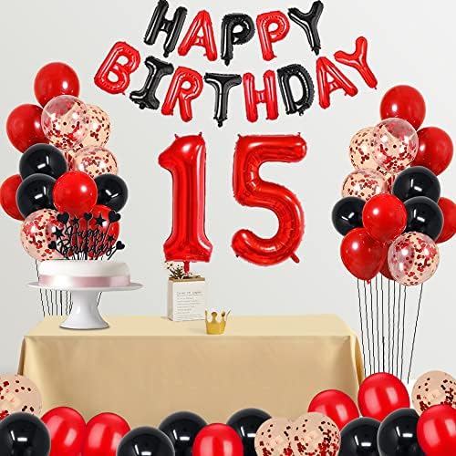 Fantezi Kırmızı 15TH Doğum Günü Partisi Süslemeleri Malzemeleri Kırmızı Siyah Daha Sonra Balonlar Mutlu Doğum Günü Pastası Topper