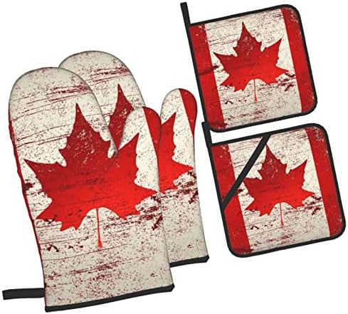 Hpoplace Fırın Eldiveni ve Tencere Tutucular 4 adet Set, Retro Akçaağaç Yaprağı Kanada Bayrağı mutfak fırın eldiveni, tencere