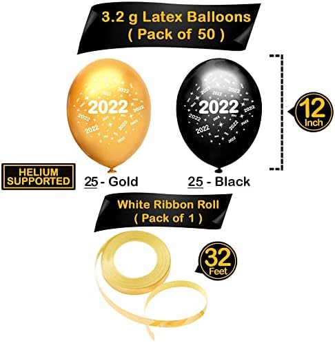 Yeni Yılınız Kutlu Olsun Süslemeleri 2022 Set-Pack 55 / Büyük, 40 İnç Altın 2022 Balonlar, Siyah ve Altın 2022 Lateks Balonlar