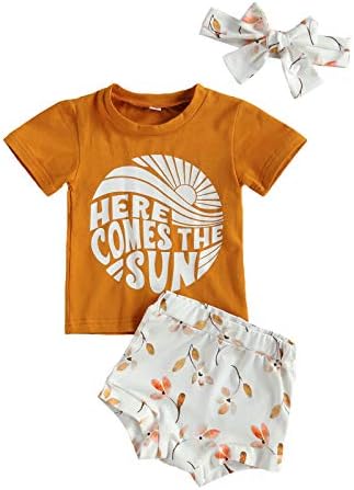 Bebek Kız 3 Adet Yaz Giyim Seti, Bebek Kısa Kollu Mektup Baskı T-Shirt ve Çiçek Şort ile Headdress