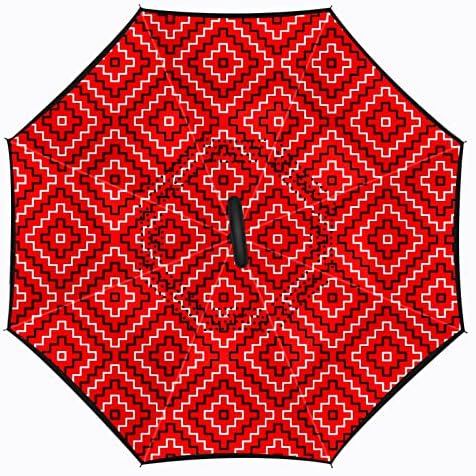 Çift Katmanlı Ters Şemsiye Ters Katlanır Şemsiye ile Araba için C-Şekilli Kolu, rüzgar Geçirmez UV Koruma Kırmızı Geometrik Büyük