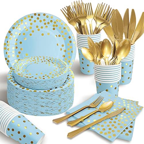 350 ADET Mavi ve Altın Parti Malzemeleri, Sever 50 Tek Kullanımlık Parti Yemek Takımı, Altın Plastik Çatal Bıçak Kaşık ve Altın