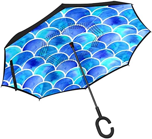 Çift Katmanlı Ters Şemsiye Ters Katlanır Şemsiye ile Araba için C-Şekilli Kolu, rüzgar Geçirmez UV Koruma Mermaid Ölçekli Mavi