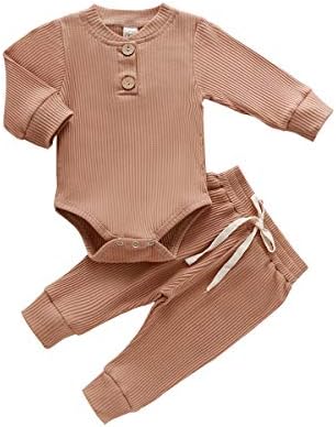Lamuusaa Yenidoğan Bebek Kız Erkek Giysileri Uzun Kollu Romper Düğme Bodysuit Şerit Pantolon Nervürlü Pijama 2 Adet Kıyafetler