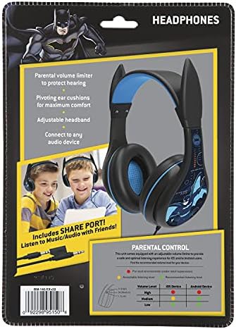 eKids Batman Çocuk Kulaklıkları, Ayarlanabilir Kafa Bandı, Stereo Ses, 3,5 Mm Jak, Çocuklar için Kablolu Kulaklıklar, Dolaşmayan,