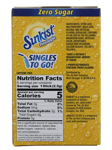 Sunkist Ananas Singles to Go İçecek Karışımı / 6 Kutu - 36 Lezzet Paketi Şekersiz Su Arttırıcı İçecek Karışımı Tozu | Ballard
