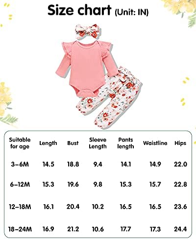 WESİDOM 3 ADET Yenidoğan Bebek Kız Kıyafetler, Bebek Uzun Kollu Fırfır Tops Romper Bodysuit ve Çiçek Pantolon Giysileri ile Kafa