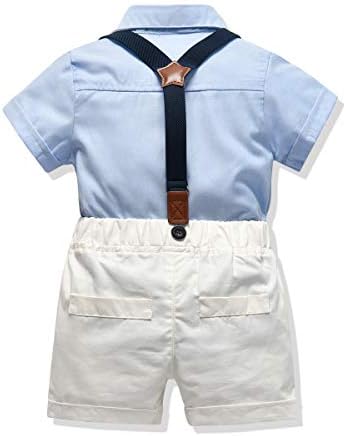 Bebek Erkek Beyefendi Kıyafet Küçük Boys Resmi Kısa Set Toddler Kısa Kollu Gömlek + Askı Pantolon + Papyon 4 Adet