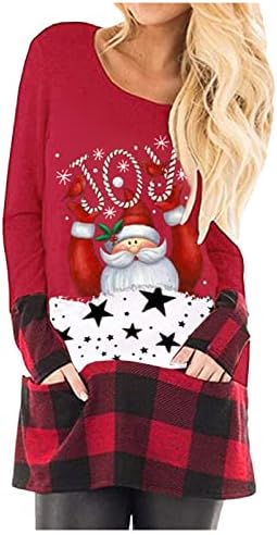 Kadın Noel Uzun Kollu Kazak Gömlek Elbise Tops Santa Baskılı Tişörtü Gevşek Artı Boyutu Bluz ıle Cepler