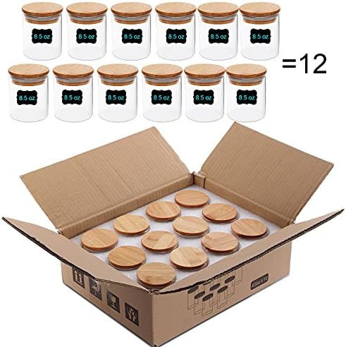 Cam Gıda Saklama Kabı Kavanoz Seti, 12 Paket 8.5 Ons Silindir Cam Mutfak Depolama Seti Bambu Kapaklı Şeker, Kurabiye, Pirinç,