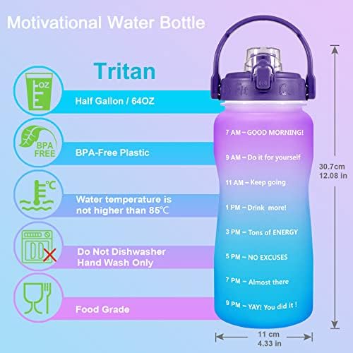 BuildLife Yarım Galon Su Şişesi Hiçbir Saman - 64 OZ BPA Ücretsiz Motivasyon su sürahisi ıle Zaman Işaretleyici ve Flip Top Sızdırmaz