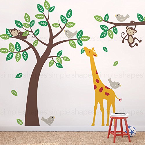 Maymunlar Zürafa ve Kuşlar Duvar Çıkartmaları ile Ağaç-Şema C-Basit Şekillerle
