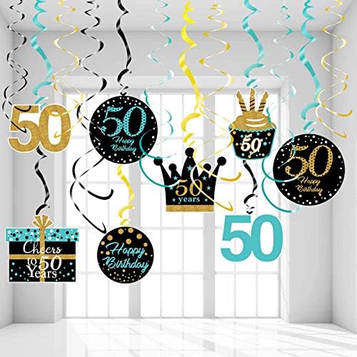 50th Doğum Günü Partisi Süslemeleri için Kadın Teal Altın Kadın 50th Doğum Günü Balonlar Teal Altın Asılı Swirls / Mutlu 50th
