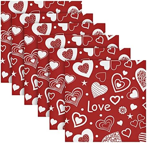 Sevgililer Günü Peçeteler Kırmızı Bez 6 Set Aşk Desen Yemeği Peçeteler Yemek Masası Çift Kalma Düğün Dekor için Makinede Yıkanabilir