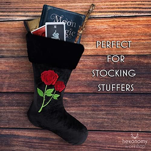 Siyah Noel Stocking, Kadife ve Faux Kürk, Kırmızı Yeşil İşlemeli Güller-Goth Hexmas Dekor, Çiçek Tanrıça Sanat, Noel Asılı Çorap,