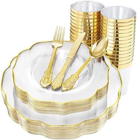 PDGJG 60 Adet Sofra Şeffaf Çiçek Petal Şekli Altın Jant Plastik Tabak Bardak Gümüş Doğum Günü Düğün Parti Malzemeleri (Renk: