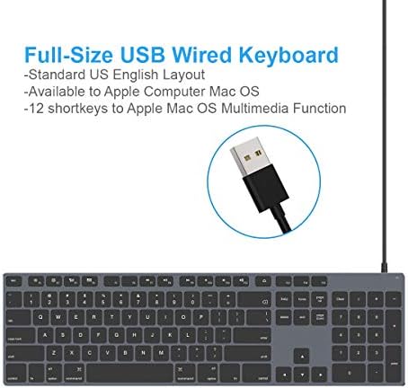 Apple Bilgisayar, iMac, MacBook, MacBook Pro/Air için Kablolu Mac Klavye, Sayısal Tuş Takımlı Alüminyum Tam Boyutlu USB Klavye-Siyah
