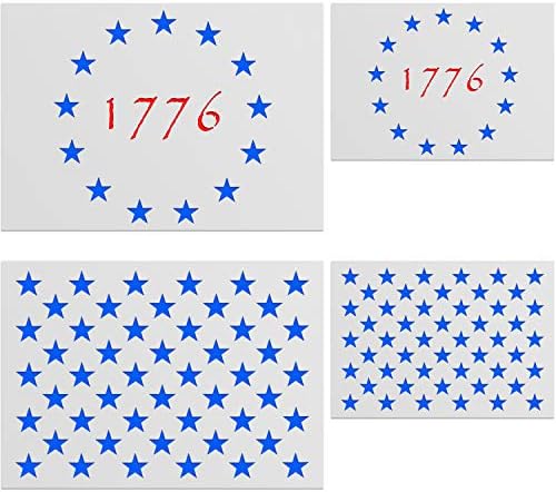 4 Paket Plastik Amerikan Yıldız Bayrağı Stencil Şablonları için Ahşap Yakma ve Duvar Sanatı (Numarası 1776 ile 13 Yıldız ve 50