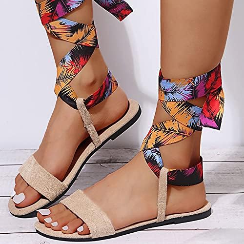 Kadın Dantel Up Düz Sandalet, yaz Moda Roma Akın Süet Peep Toe Saten Renk Baskılı Kayma Çapraz Bant Plaj Nefes Slayt Sandalet