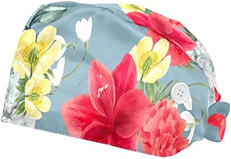 Kadınlar için Düğme ve Ter Bandı ile 2 Paket Çalışma Kapağı Uzun Saç Ayarlanabilir Kravat Geri Şapka Şeftali Çiçeği Çiçek Pembe
