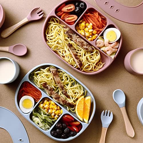 HongHong Silikon Bebek Besleme Seti 6 Paket-Emme Bölünmüş Plaka ve Kase, Ayarlanabilir Önlük, içme Fincan Eşyaları Yeme Malzemeleri,