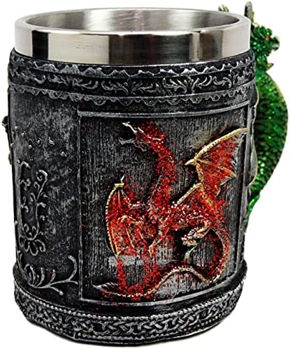 Ebros Hediye Ortaçağ Fantezi Efsanevi Ateş ve Toprak Çift Kırmızı Alev Ve Yeşil Gaia Dragons Bira Stein Tankard Kahve Fincanı