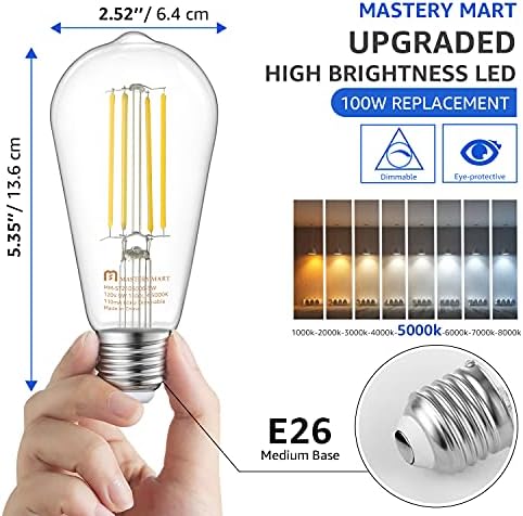 Ustalık Mart Vintage LED Ampul, Cam ST21 Antik Edison Tarzı, Kısılabilir 9W (100 Watt Eşdeğeri), 1100LM 5000K Gün Işığı Beyazı,