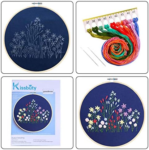 Desenli Nakış Başlangıç Kiti, Bitki Desenli Nakış Kumaşı, Bambu Nakış Çemberi, Renk İplikleri ve Alet Takımı (Çiçek Bitkileri)Dahil