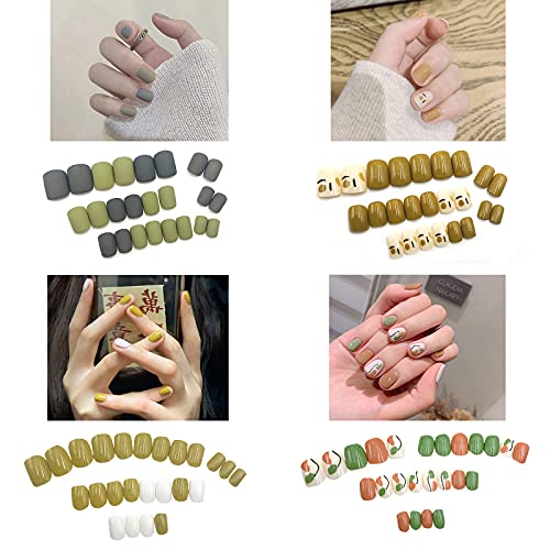 4 Packs (96 Adet) Kısa Kare Yanlış Çivi Akrilik Çivi Üzerinde Basın Yapay Tam Kapak Sahte Çivi Renkli Tabut Nails İpuçları Kiti