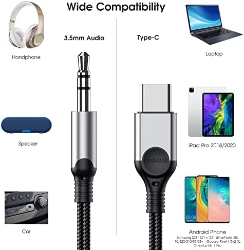 USB C-3.5 mm Ses Aux Jak Kablosu[4ft], ZOOAUX Tip C Adaptör-3.5 mm Kulaklık Stereo Kablosu Araba iPad Pro 2018 için Samsung Galaxy