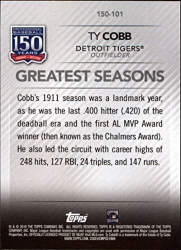 2019 Topps 150 Yıl Profesyonel Beyzbol Beyzbol 150-101 Ty Cobb Detroit Tigers Resmi MLB Ticaret Kartı Topps Tarafından