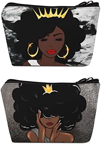 BDAWQUG 2 Parça Siyah Kraliçe Afro Melanin Sanat Makyaj Çantası Aksesuarları Kılıfı Afrika Amerikan Seyahat Makyaj Çantası Kullanımlık