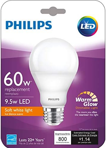 Philips 455840 60W Eşdeğer 2200K-2700K A19 Kısılabilir LED Sıcak Kızdırma ışık Efekti Ampul, Yumuşak Beyaz