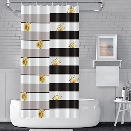 Gri Beyaz ve Siyah Beyaz Şerit Duş Perde Seti Banyo için Çiçek Çiçekler Banyo Perdeleri Su Geçirmez Ayçiçeği Kumaş Makinede Yıkanabilir