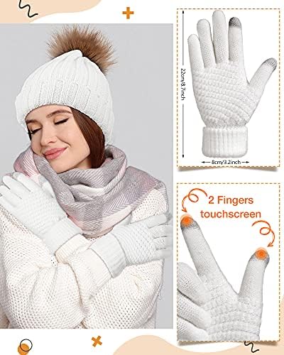 6 Parça kadın Kış Örme Bere Şapka Eşarp Eldiven Set Sıcak Örgü Kafatası Kap ile Faux Kürk Pom Dokunmatik Eldiven Polar Astar