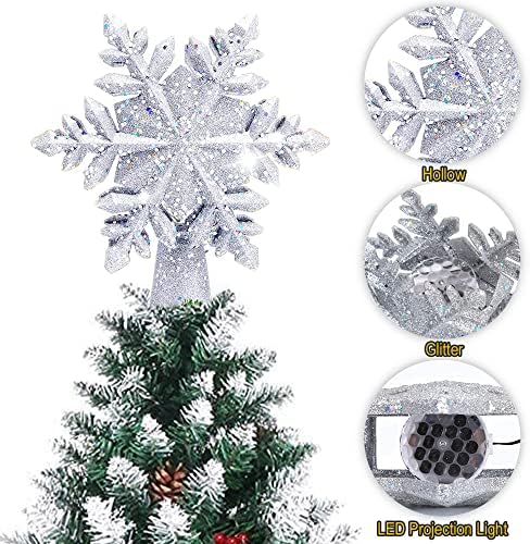 Yostyle Noel Ağacı Topper Işıklı Beyaz Kar Tanesi Projektör, LED Dönen Kar Tanesi, 3D Glitter Işıklı Şerit Kar Ağacı Topper Noel