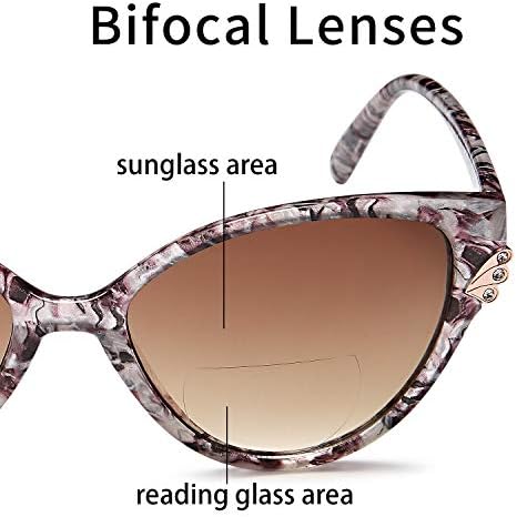VVDQELLA kadın Bifokal Güneş Gözlüğü Okuma Gözlükleri, Şık Kedi Gözü Elmas UV Koruma Bayanlar Moda Okuyucular(Kahverengi, 1.00)