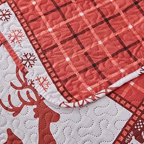 Noel Yorgan Seti Kraliçe Boyutu (90 x 90 İnç.) Ekose Ren Geyiği Jingling Bell Yatak Setleri, Mercan Kırmızı Geri Dönüşümlü Yatak