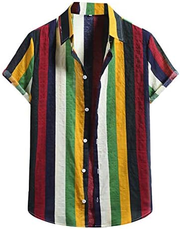 Yaz erkek Moda Rahat Bluz, Erkek Pamuk Keten Gevşek Kısa Kollu Çizgili Baskı Düğme Aşağı T-Shirt Hafif Tops