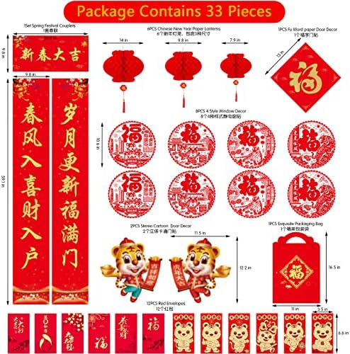 Mortd 33 Set 2022 Çin Yeni Yılı Beyitleri Chunlian Yeni Yılı Kaplan Kırmızı Zarflar Hong Bao Çin Fu Karakter Pencere Çıkartmaları
