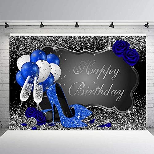 MEHOFOND Gümüş ve Siyah Fotoğraf Arka Plan Sahne Kraliyet Mavi Yüksek Topuklu Şampanya Balonlar Kadın Mavi Gül Balonlar Kadın