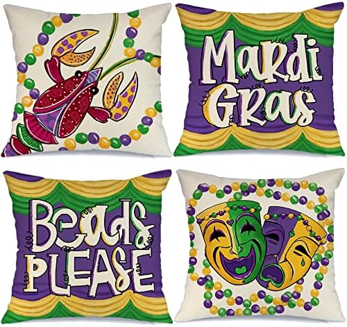 AENEY Mardi Gras Yastık Kapakları 18x18 İnç 4 Set Ev Dekorasyonu için Boncuk Göz Maskesi Fleur De Lis Dekor Mutlu Mardi Gras