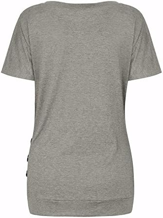 Kadın gevşek düğme Trim bluz düz renk yuvarlak boyun Tunik T-Shirt kısa kollu rahat gevşek T-Shirt Tops