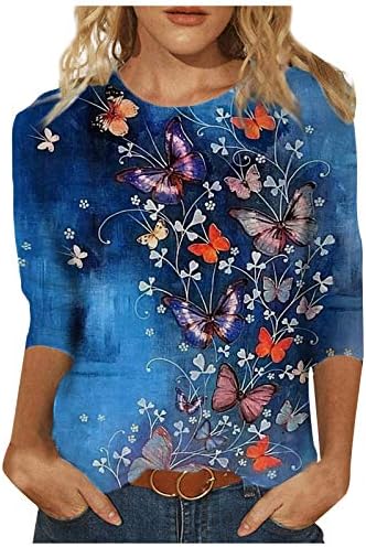 3/4 kollu gömlek kadın yaz rahat kelebek baskı Tops yuvarlak boyun gevşek kazak rahat yumuşak bluzlar için
