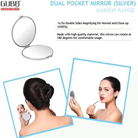 GUBB Kompakt Kozmetik Çantası Ayna Kadınlar için Büyüteçli ayna Makyaj 5X-Gümüş, 2'li paket