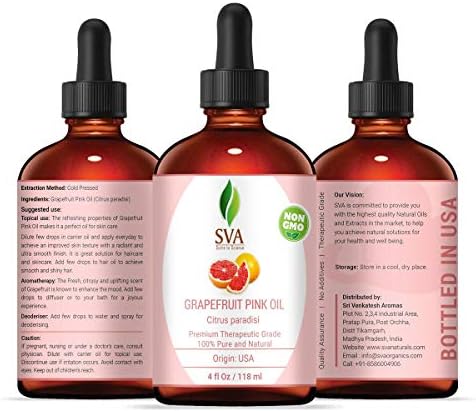 Damlalıklı SVA Organics Greyfurt Pembe Yağı - 118 ml (4 fl. oz.) Parlak Ciltler, Parlak Saçlar, Aromaterapi ve Masaj için %100