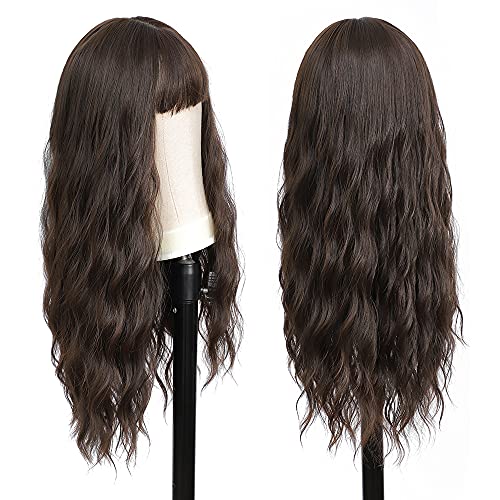 22 inç Uzun Kahverengi Peruk Kadınlar için Uzun Dalgalı Kahverengi peruk Patlama ile Doğal sentetik saç peruk ısıya dayanıklı