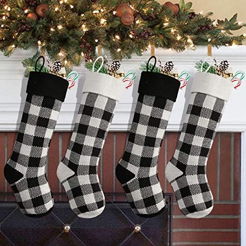 LimBridge Örgü Noel Çorapları, 4 Paket Buffalo Ekose Desenli 18 inç Örme Noel Süsleri, Aile Tatil Sezonu Dekoru için, Siyah ve