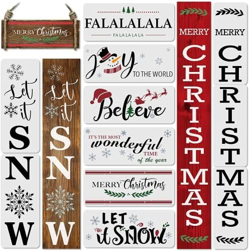 Ahşap üzerine Boyama için 11 ADET Noel Şablonları-Yeniden Kullanılabilir Dikey Merry Christmas ve Kar Sundurma İşareti Şablonlarına