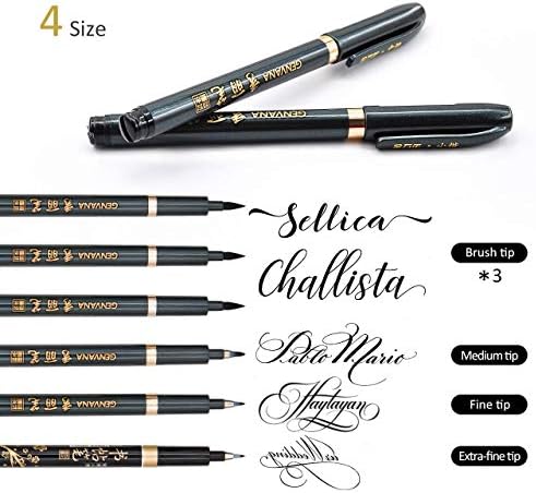 El Yazı kalemleri, Rılanmıt kaligrafi kalemi Fırça İşaretleyiciler Seti Siyah, Doldurulabilir-4 Boyutu Yazma, Boyama, 6 Paket